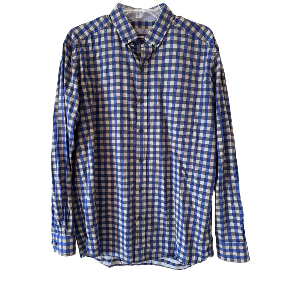 Johnston & Murphy Mens Blue Grey Gingham Check Button Down Shirt Large L